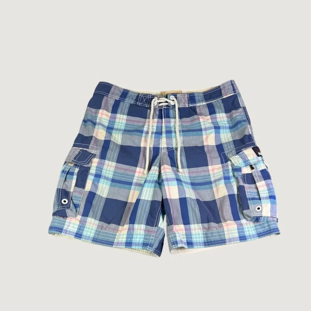 Hollister Mens Plaid Cargo Board Shorts Blue Pink Large Swim Trunks Drawstring